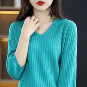 纯棉针织V领短袖女2022年韩版抽条半袖打底衫t恤宽松时尚上衣