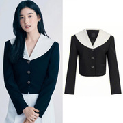 安娜郑恩彩同款黑色翻领短西装外套女设计感法式单排扣小个子西服