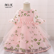 亚马逊1-3岁婴儿礼服女宝宝，周岁满月礼服绣花裙，喇叭袖公主裙