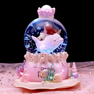 梦幻儿童水晶球海豚女孩生日礼物音乐盒公主飘雪八音盒圣诞节摆件