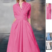 跨境亚马逊速卖通女装腰带显瘦翻领七分袖气质通勤纯色连衣裙