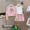 女童粉色设计感薄款冰丝，防晒衬衫背心，短裙三件套2024夏季韩版