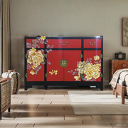 扬州漆器厂 新中式手绘漆柜 古典手工彩绘玄关门厅柜客厅蓝色家具
