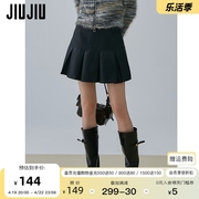 JIUJIU显瘦高腰pu皮半身裙女冬季2023年设计感黑色百褶裙短裙
