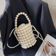 法式镂空手工编织串珠珍珠包圆桶包水桶包手提仙女包搭配裙子小包