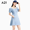 A21女装方领牛仔裙女夏季收腰法式气质泡泡短袖连衣裙