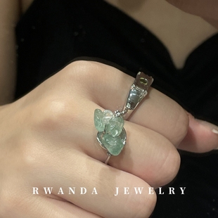rwanda国潮新中式绿碧玺戒指，女设计小众，千禧辣妹串珠指环开口可调