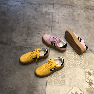 德训鞋女2023年韩版时尚条纹，色拼接真皮，圆头厚底休闲鞋板鞋
