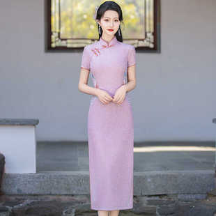 2024夏季长款旗袍女中国风日常礼服妈妈婚礼气质显瘦刺绣中式