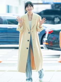 林娜珍同款鹅黄色羊绒大衣女中长款韩系减龄2023羊毛呢外套