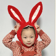 新年兔耳朵头套可爱女，毛绒红色兔子耳发箍拍照兔年帽子圣诞节头饰