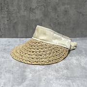 欧美风印花缎布绑带拉菲草空顶帽女夏季海边沙滩帽遮阳草帽可折叠