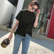交叉系带不规则上衣女夏装2019韩版纯色收腰显瘦打底短袖t恤