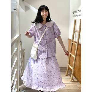 小雨良品日系紫色娃娃领短袖衬衫半身裙套装，女夏季法式甜美上衣