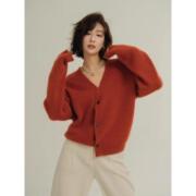 GG。法国法式高级感新年橘红色针织开衫女气质V领毛衣外套