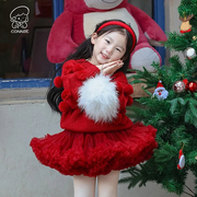 女童tutu裙套装秋冬款，周岁礼服女宝宝，圣诞酒红色凸凸裙公主蓬蓬裙