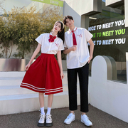 青少年男女短袖白色衬衫红色，百褶裙制服套装初高小学生毕业班服夏