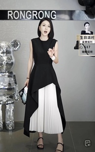 高级感轻奢气质黑白拼接连衣裙女2024夏季收腰时尚设计感裙子