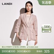 LANDI蓝地亚麻格纹中长款收腰九分袖西服外套女夏季薄款西装