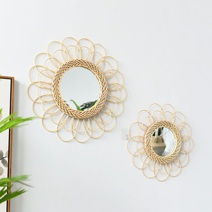 墙面镜子创意田园梳妆镜壁挂摆件 贴墙藤编圆形装饰镜艺术镜