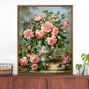 纯手工绣好的十字绣成品粉色花瓶花开富贵客厅卧室装饰挂画
