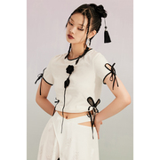花朵镂空T恤女中国风夏季小众个性绣花短袖针织女