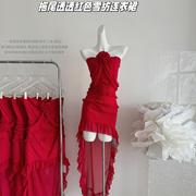 titi小姐姐澳洲野玫瑰，重工拖尾透透修身性感红色雪纺连衣裙