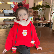 儿童卫衣女加绒加厚2023女童冬季红色衣服网红女宝宝冬装上衣
