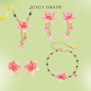 juicygrape原创设计手工画珐琅，粉色玉兰花项链，手链耳饰耳钉套装