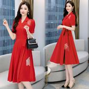 夏季中年女装时尚，韩版妈妈裙子黑色秀红色短袖中长裙流苏连衣裙