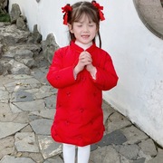女童旗袍中长款羽绒汉服宝宝红色拜年服唐装儿童中国风羽绒服裙子