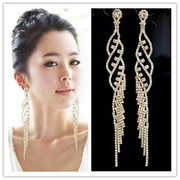 韩国时尚水晶耳环耳坠女新娘气质，长款流苏耳环，复古镶钻无耳洞耳夹