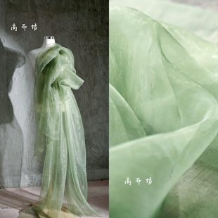 豆蔻青珠光水光玻璃纱透明薄软网纱手工汉服设计师，设计师布面料(布面料)