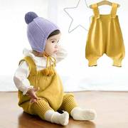 婴儿背带裤春款可开档0-1-2岁男女，宝宝大pp毛线针织纯棉薄款裤子