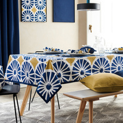 汉尚 地中海蓝色桌布全棉布艺车轮印高品质圆形餐桌布茶几布台布