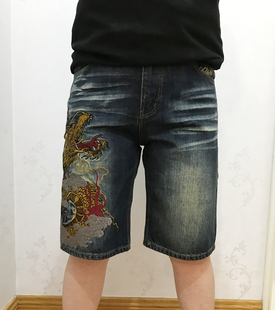 络缲魂KARAKURI和柄浮世绘龙刺绣男式牛仔中裤直筒短裤宽松