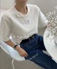 韩国东大门女装2023春夏时尚圆领珍珠搭配百搭白色短袖上衣女
