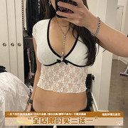 IAEY 纯欲辣妹白色蕾丝拼接性感低胸V领短袖T恤百搭修身收腰上衣