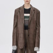 2023年秋时尚美拉德pu皮衣外套女棕色美式复古设计感西装外套