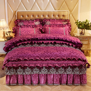韩版珊瑚绒加厚4四件套，天鹅绒夹棉床裙2.2床罩双面绒冬季深紫色