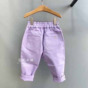 韩国童装春女童宝宝，纯棉洋气浅紫色，休闲裤韩版百搭长裤子