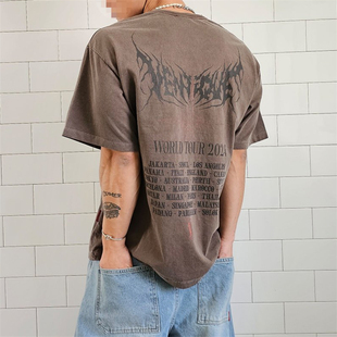 韩国男装水洗色街头匪帮潮流设计感图腾印花个性阔版短袖T恤