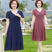 中老年女装雪纺短袖，连衣裙2024夏季中年妈妈时尚，洋气纯色裙子