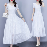 白色短袖连衣裙女2024年夏季修身显瘦大码女装，中长款雪纺裙子