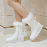 兔毛毛半中筒女短雪地靴子白色冬季大棉女靴内增高坡跟加厚鞋学生