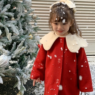 女童外套秋冬装2023洋气，儿童毛呢大衣女宝宝，红色新年圣诞衣服