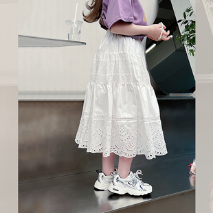 纯棉女童蕾丝拼接白裙子儿童洋气长裙大童装半身裙2024夏装