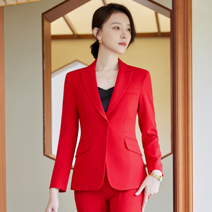 大红色小西装套装女长袖，西服上衣韩版时尚气质，职业正装春秋季