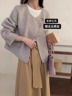 韩系圆领双面羊绒大衣女，短款单排扣小个子，羊毛呢外套2024春季