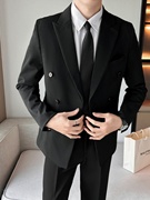 黑色休闲西装外套男高级感痞帅垫肩，西服双排扣大码三件一整套装